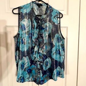 Gorgeous J Crew Ruffled Blue Floral Top, EUC, Size Large